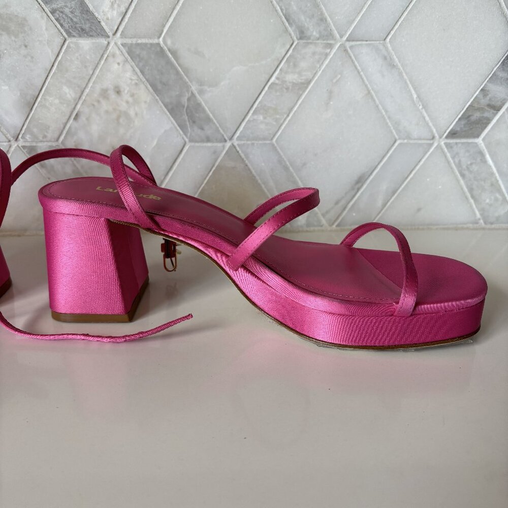 Larroude Size 9 Hot Pink Strappy Platform Block Heel Sandal Gio Sandal Satin - Picture 4 of 12